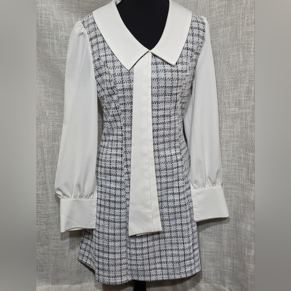 * Plaid‎ Tweed Dress Bow Front Long Sleeve  Mini Houndstooth Preppy Clueless Med